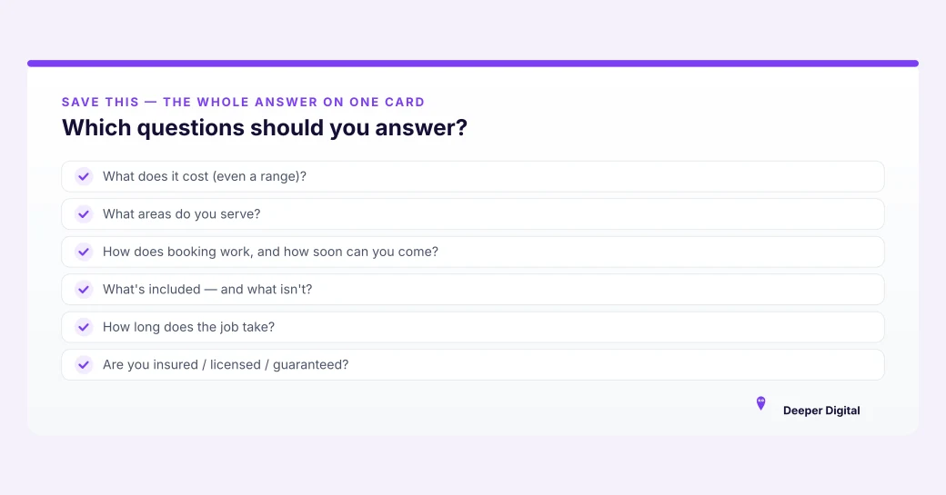 A card listing the questions a service business should answer, including what it costs, what is included and how booking works