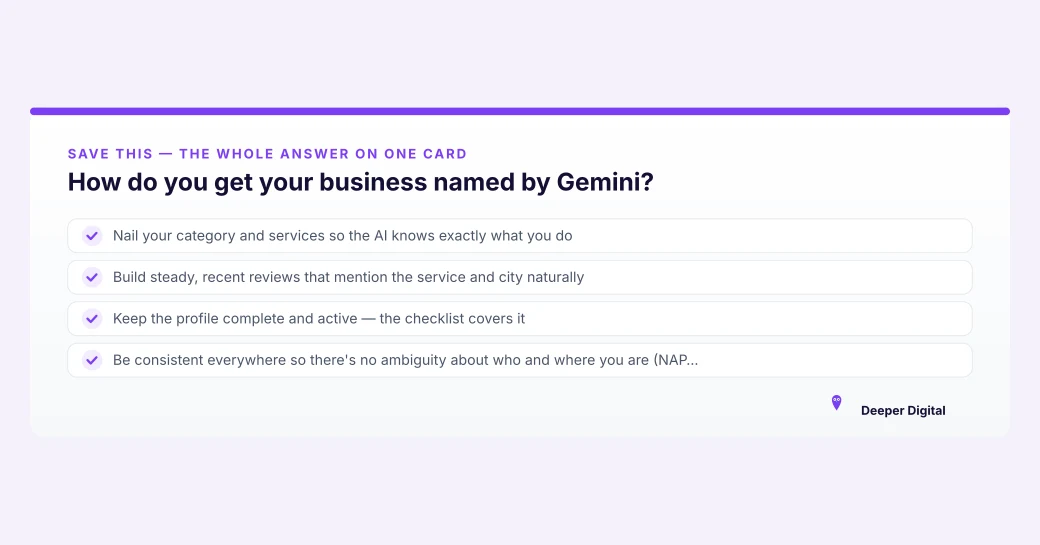 An AI Mode answer panel showing citations to social media posts alongside a website result for the same local business
