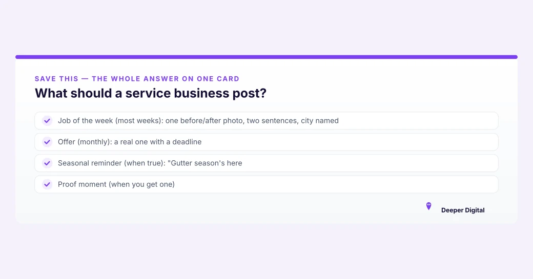 Summary card of four Google Business Profile post types for service businesses: job-of-the-week before-and-after, monthly offer with a deadline, seasonal reminder, and a proof moment such as a review screenshot