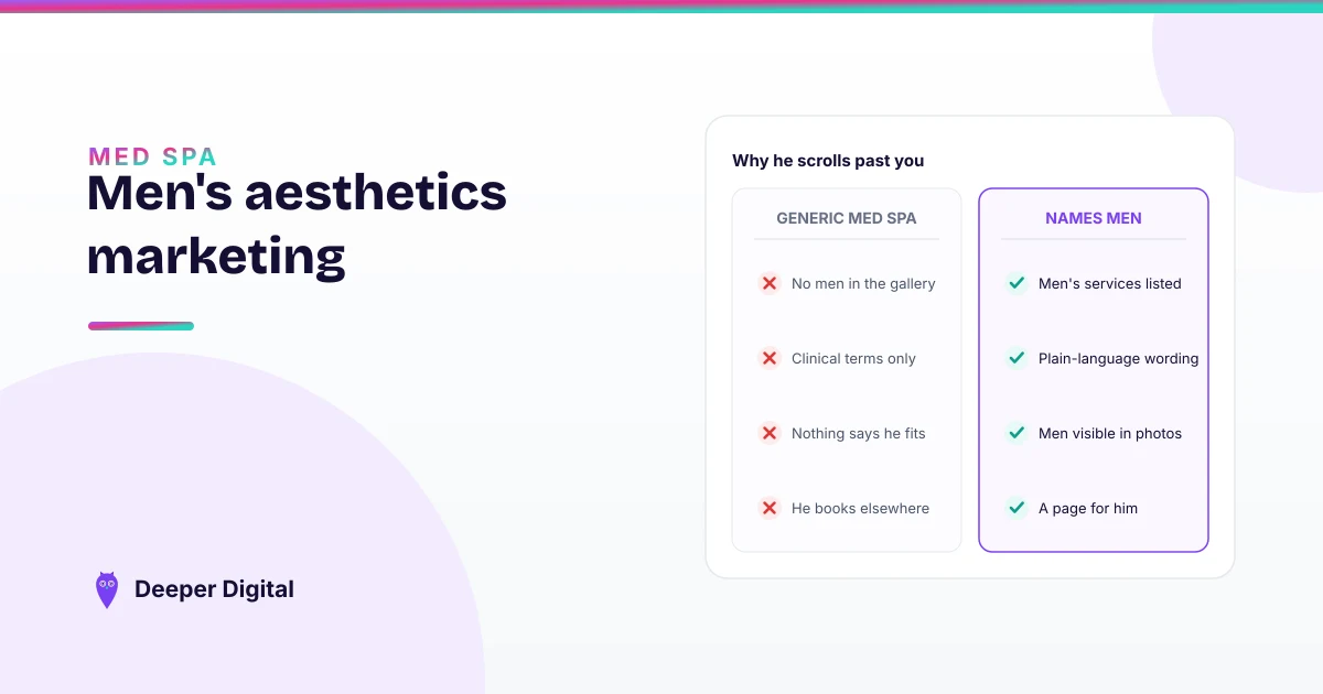 Map pack for mens aesthetic clinic near me showing mostly generic med spa listings and one clinic naming men's treatments directly