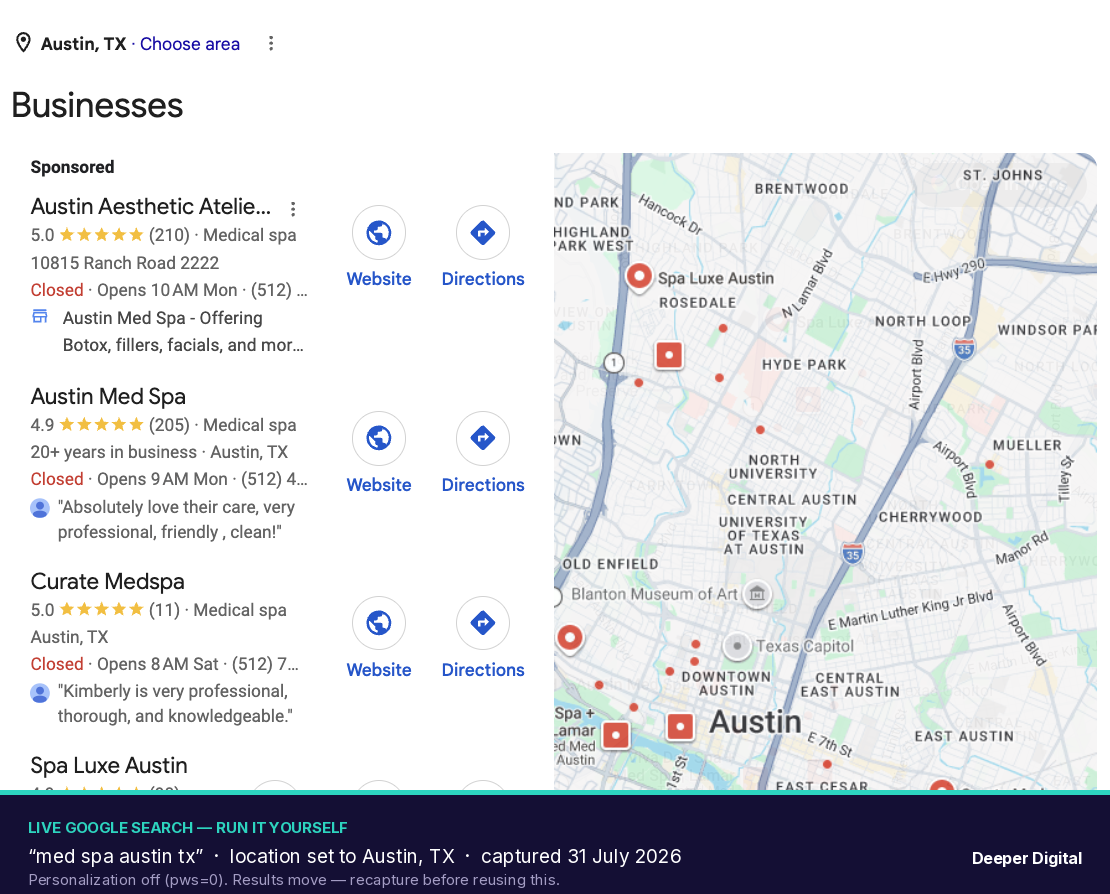 Live Google search for med spa austin tx on 31 July 2026, location pinned to Austin — a sponsored ad sits above the pack, the top organic result has 205 reviews, and the second holds its place on 11 reviews