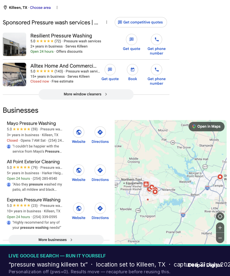 Live Google search for pressure washing killeen tx on 31 July 2026, location pinned to Killeen — a block of sponsored Local Services Ads sits above the map pack, and within the pack the second-placed business has more reviews than the first
