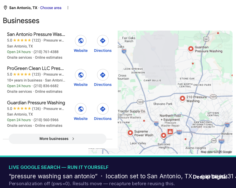 Live Google search for pressure washing san antonio on 31 July 2026, location pinned to San Antonio — the three businesses in the map pack hold 122, 123 and 126 reviews, ordered inversely to their review counts