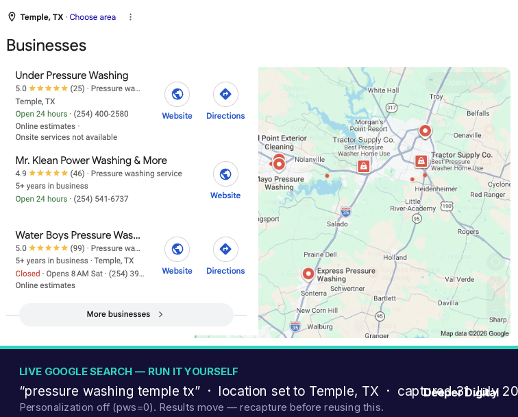 Live Google search for pressure washing temple tx on 31 July 2026, location pinned to Temple — the business ranking first has 25 reviews while the business ranking third has 99